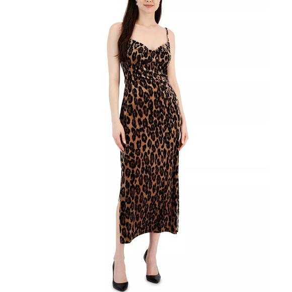 NWT Taylor Leopard Animal-Print Sleeveless Velvet Midi Slip Dress Tan Brown 16 - Picture 1 of 5